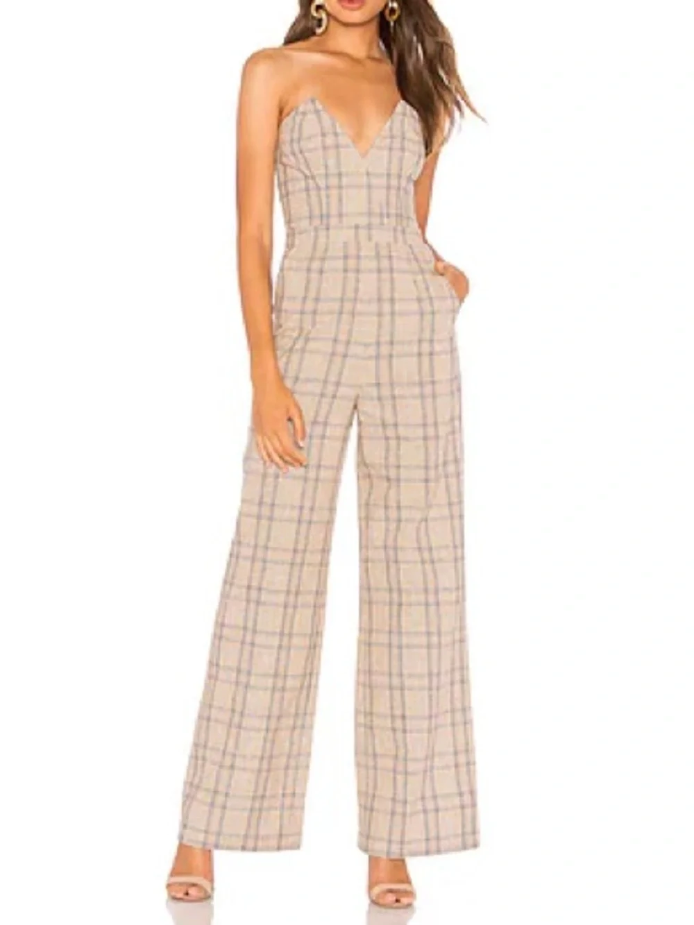 Lovers + Friends Plaid Strapless Wide-Leg Grecia Jumpsuit in Walnut Size Small